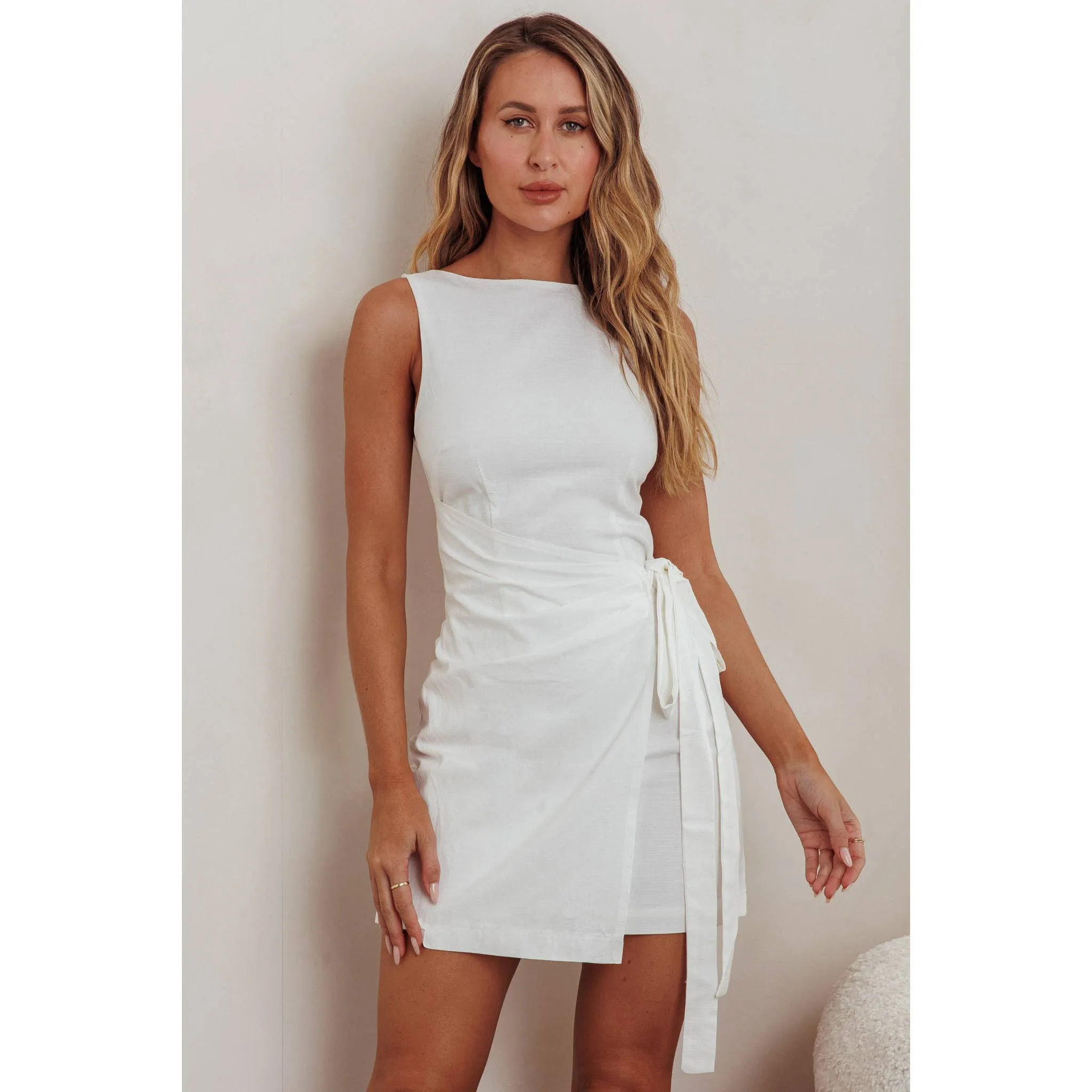 BOAT NECKLINE WRAP MINI DRESS