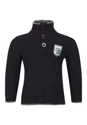 Boys Black High Neck Buttoned Cotton Knitted Jumpers