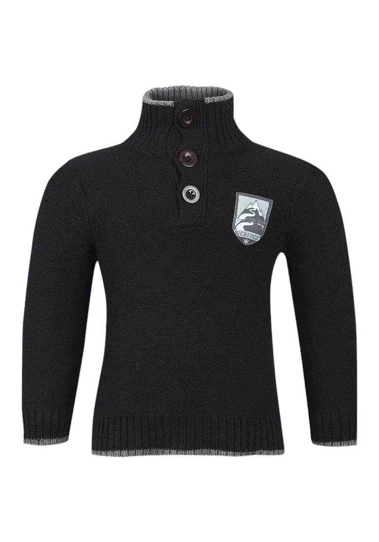 Boys Black High Neck Buttoned Cotton Knitted Jumpers