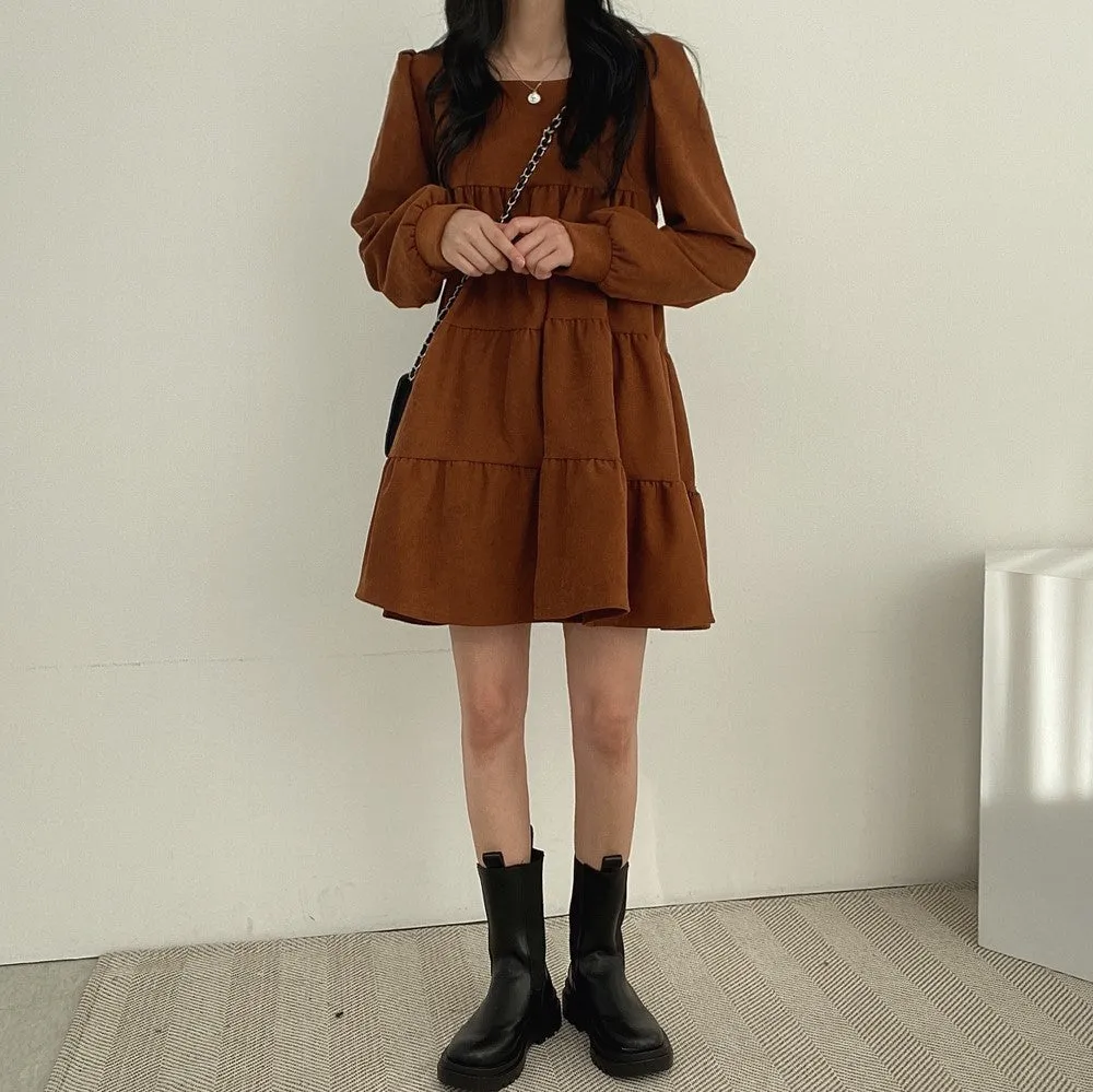 Brown Basic Tiered Dress