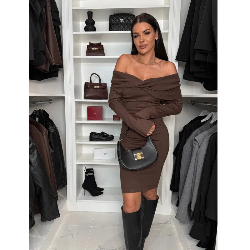 Brown Off-Shoulder Bodycon Dress