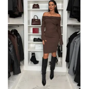 Brown Off-Shoulder Bodycon Dress