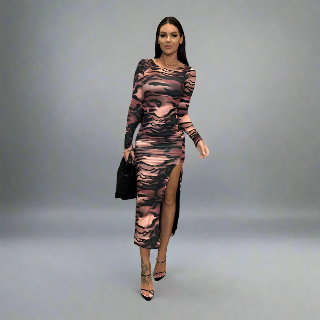 Brown Ruched Side Slit Dress