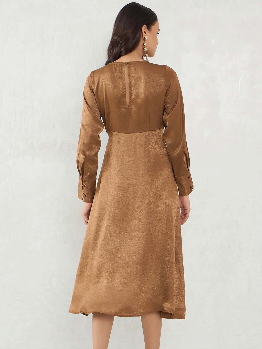 Brown Satin Wrap Midi Dress