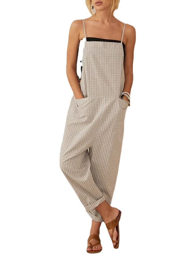 Casual Loose Plaid Straps Front Pocket Harem Jumpsuits Overalls For Women