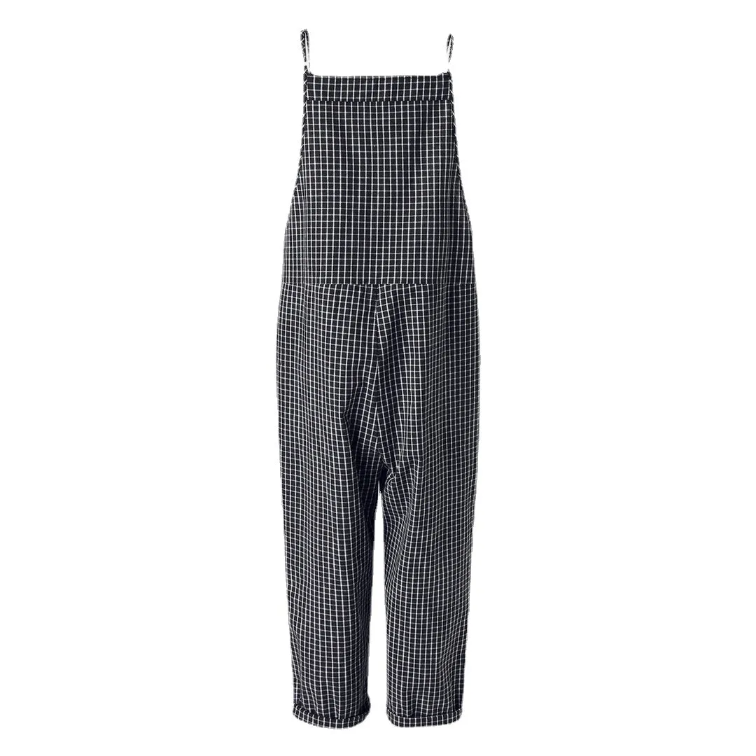 Casual Loose Plaid Straps Front Pocket Harem Jumpsuits Overalls For Women