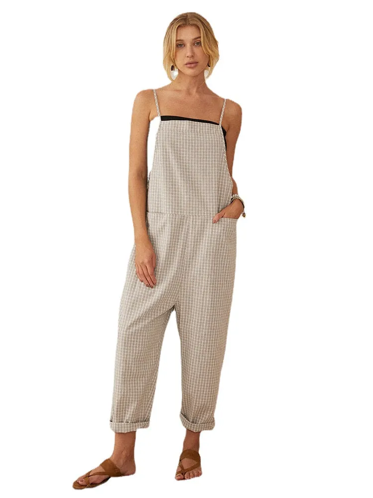 Casual Loose Plaid Straps Front Pocket Harem Jumpsuits Overalls For Women