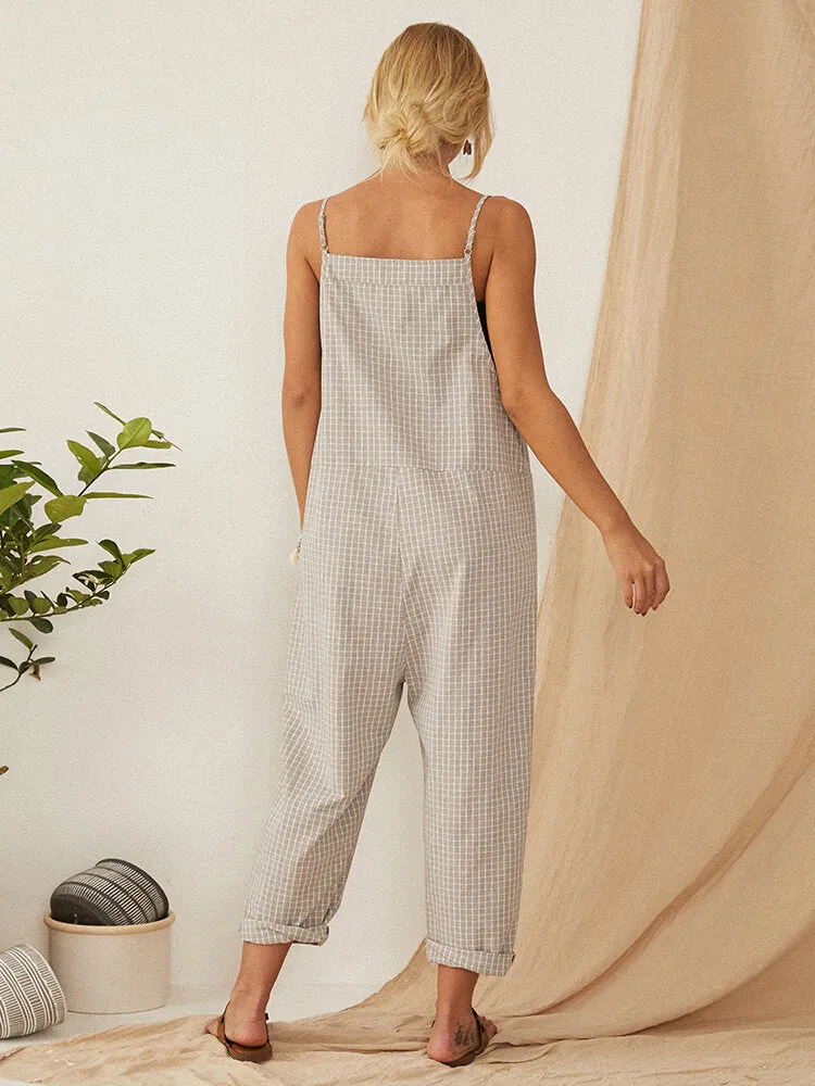 Casual Loose Plaid Straps Front Pocket Harem Jumpsuits Overalls For Women