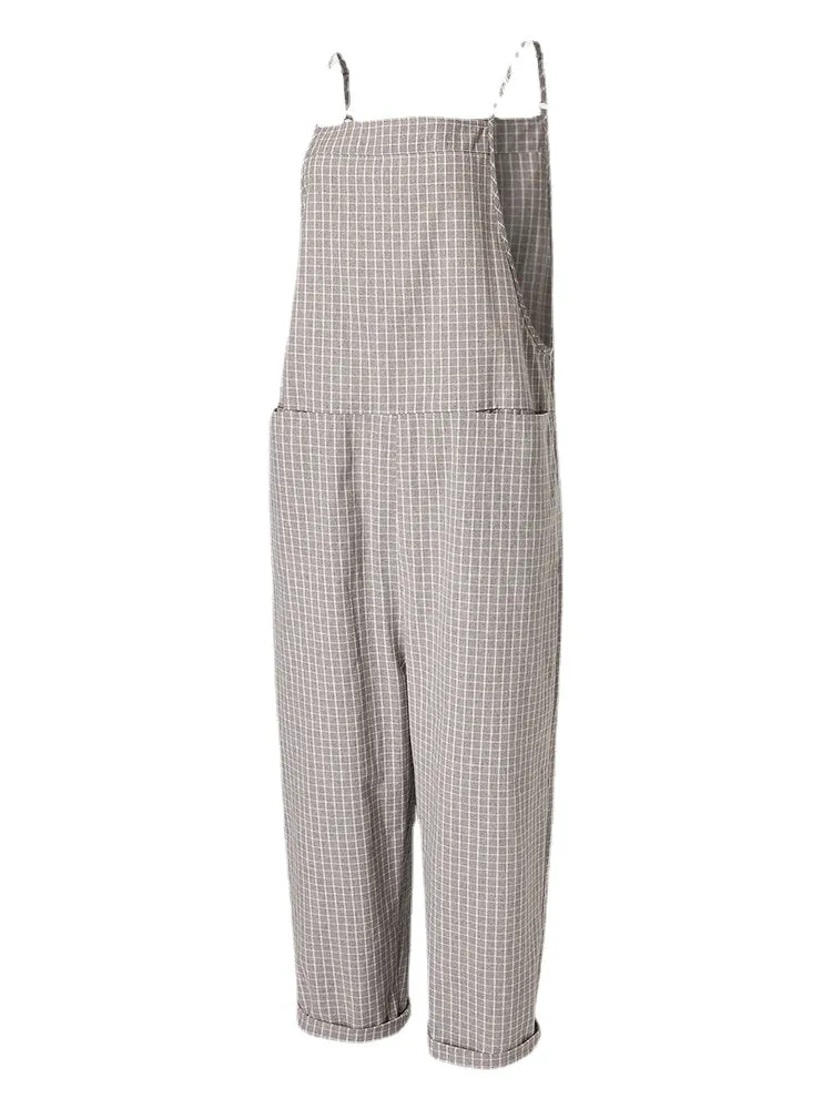 Casual Loose Plaid Straps Front Pocket Harem Jumpsuits Overalls For Women