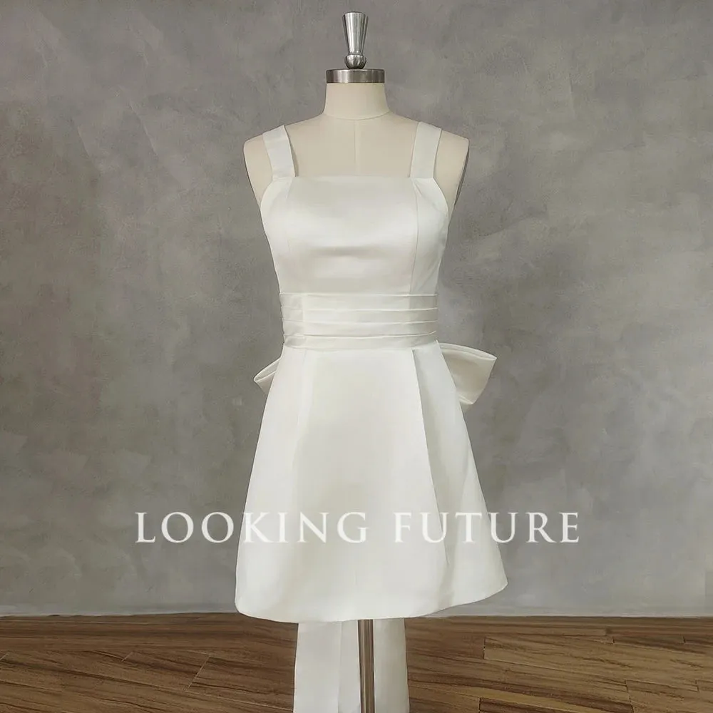Civil Mini Short Wedding Dress with Bow For Women Sleeveless Square Collar