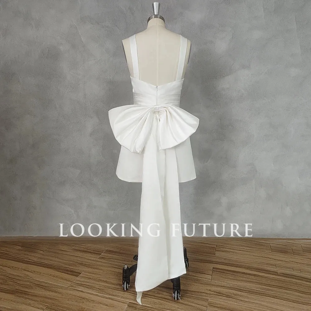 Civil Mini Short Wedding Dress with Bow For Women Sleeveless Square Collar