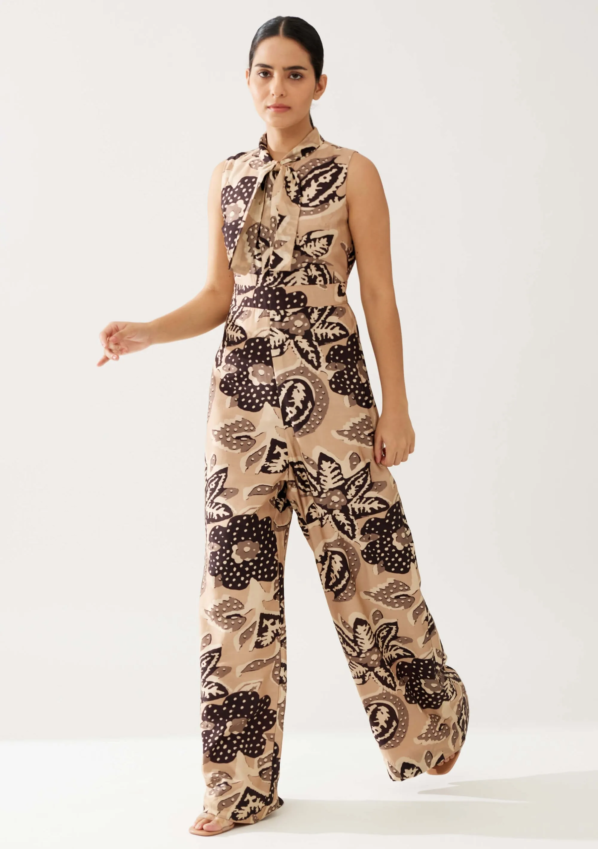 Cream and dark brown floral bow tie jumpsuit
