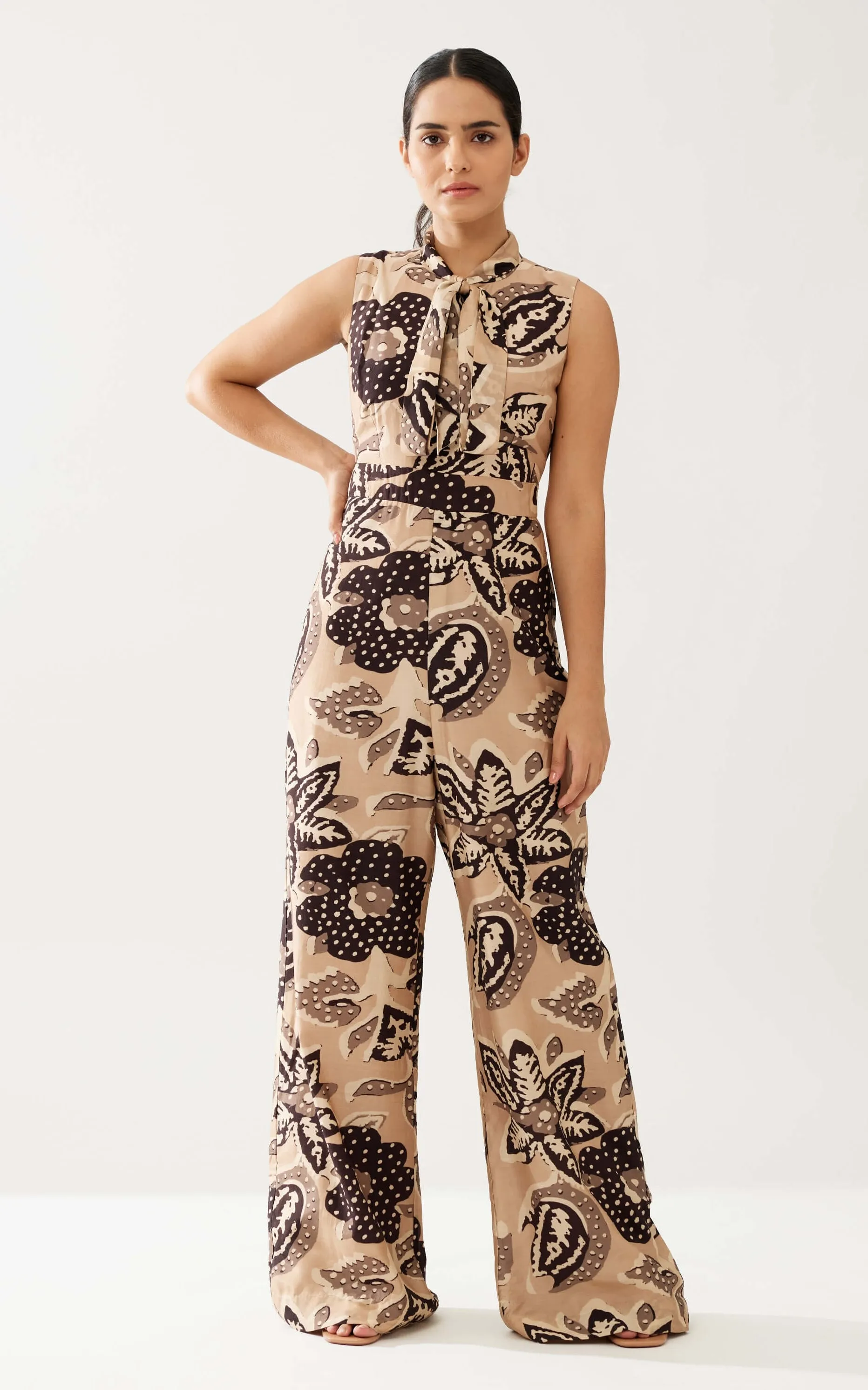 Cream and dark brown floral bow tie jumpsuit