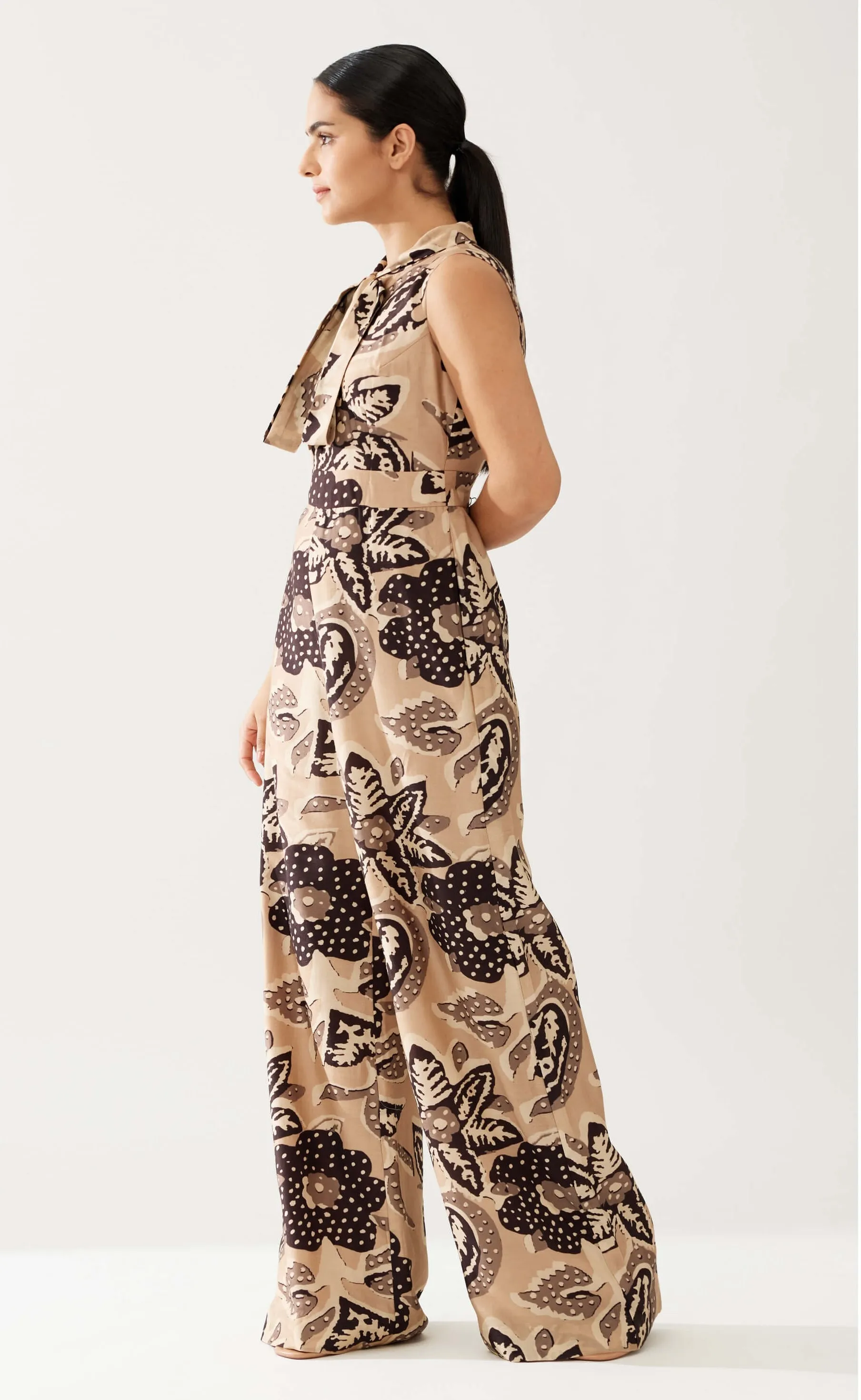 Cream and dark brown floral bow tie jumpsuit