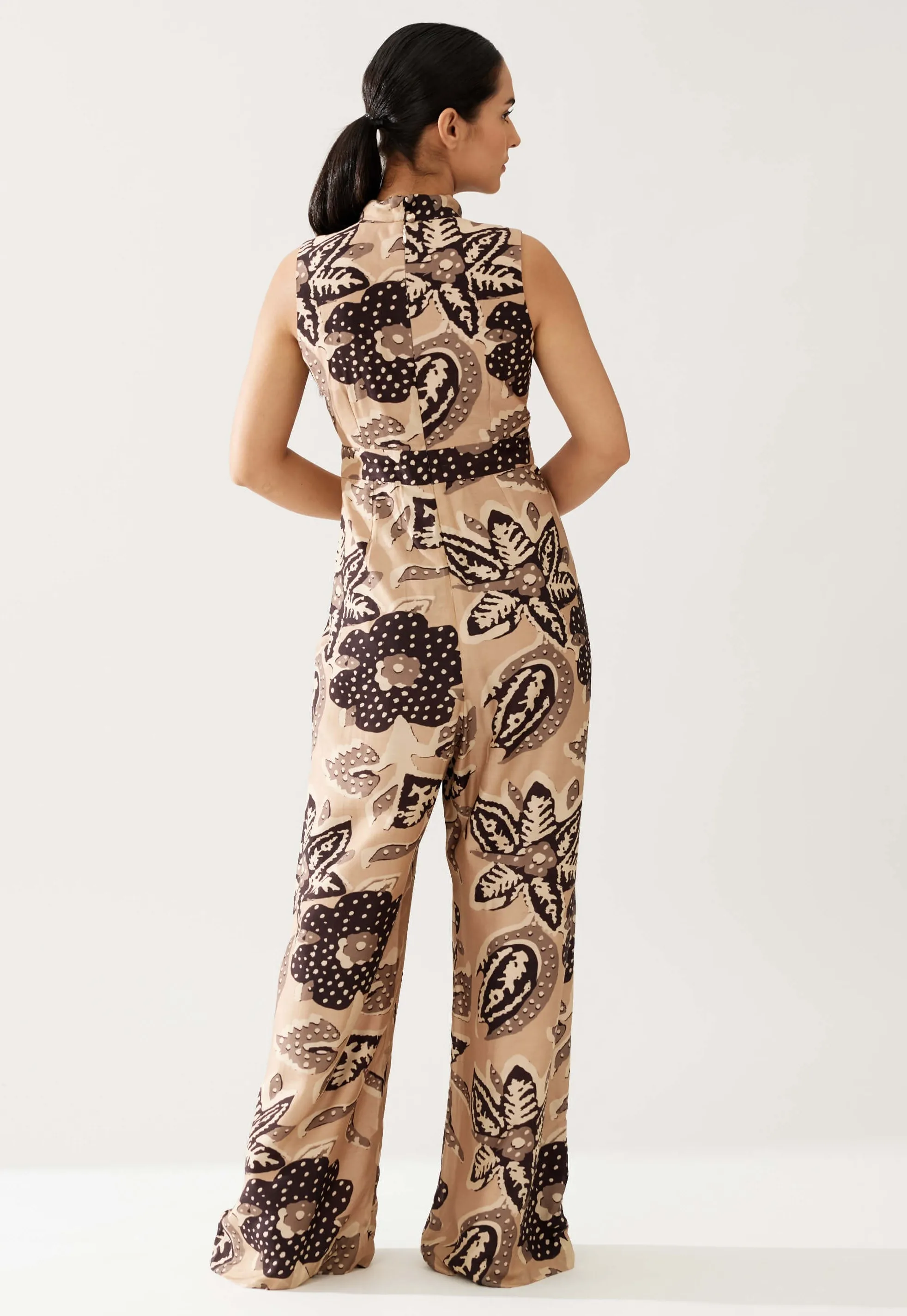 Cream and dark brown floral bow tie jumpsuit