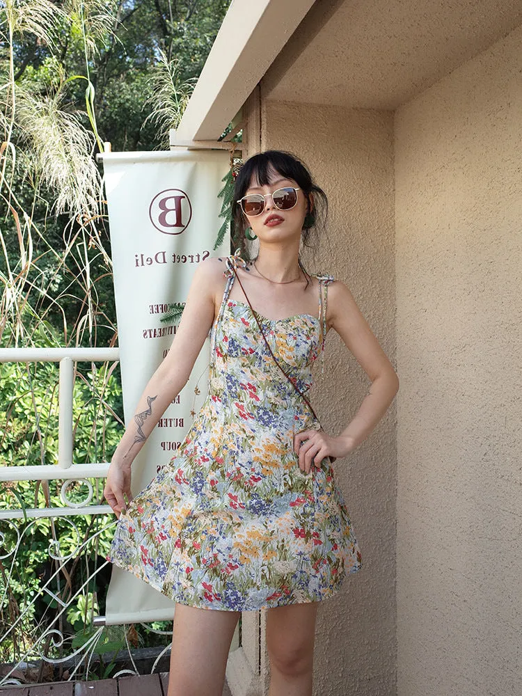 Cream Multicolor Floral Tie Up Strapped Dress