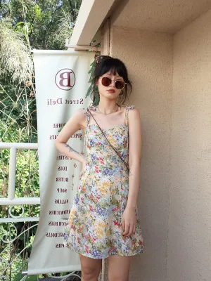 Cream Multicolor Floral Tie Up Strapped Dress