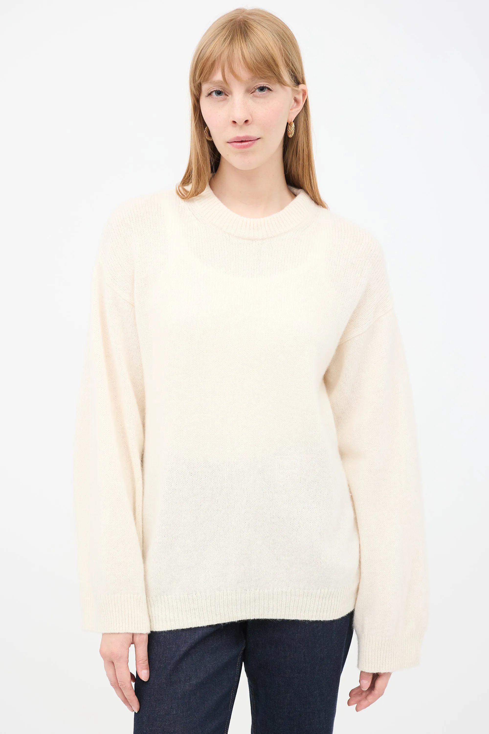 Cream Wool & Cashmere Monogram Embroidery Sweater