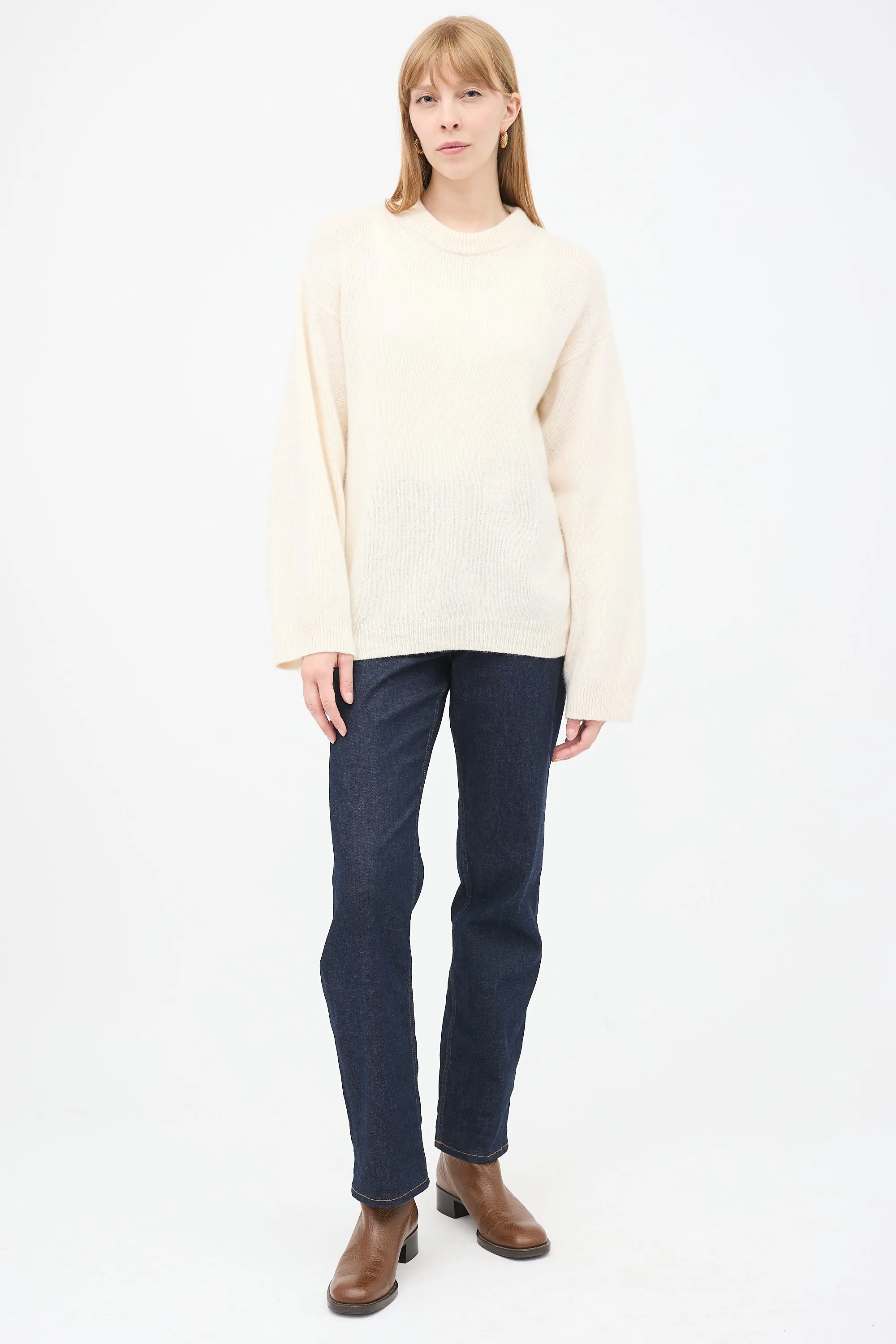 Cream Wool & Cashmere Monogram Embroidery Sweater