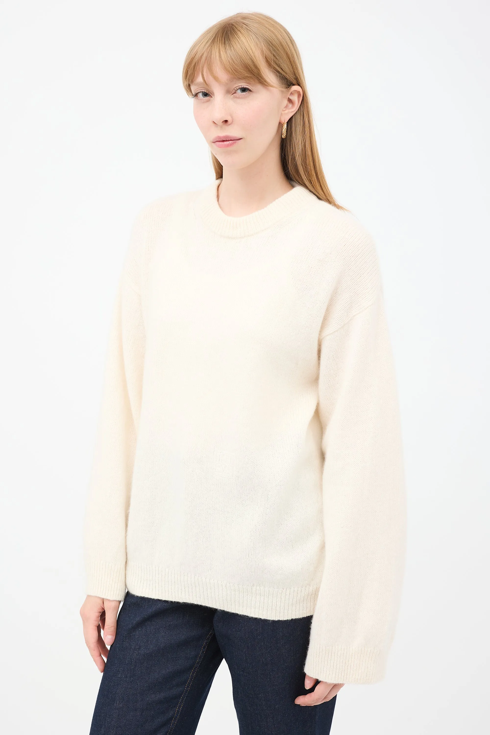 Cream Wool & Cashmere Monogram Embroidery Sweater