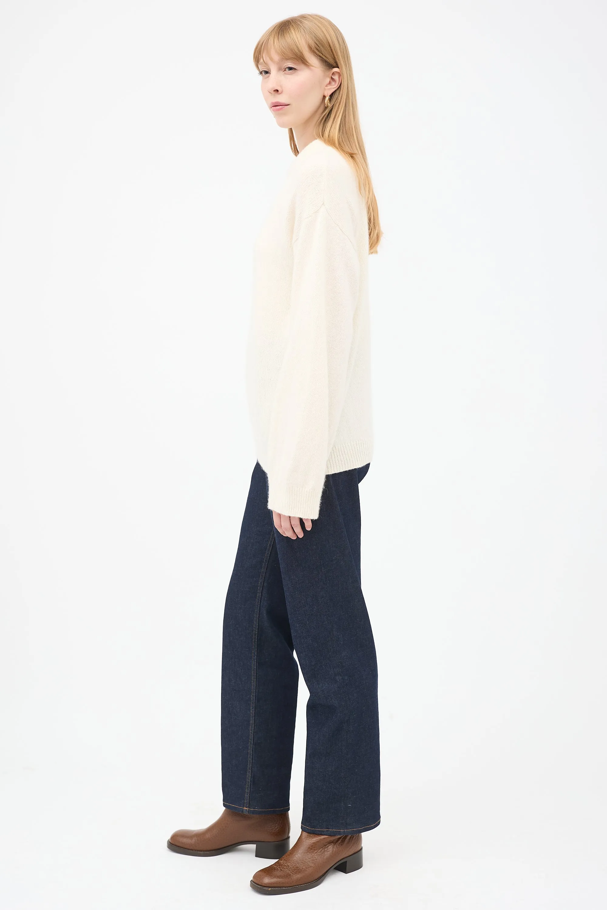 Cream Wool & Cashmere Monogram Embroidery Sweater