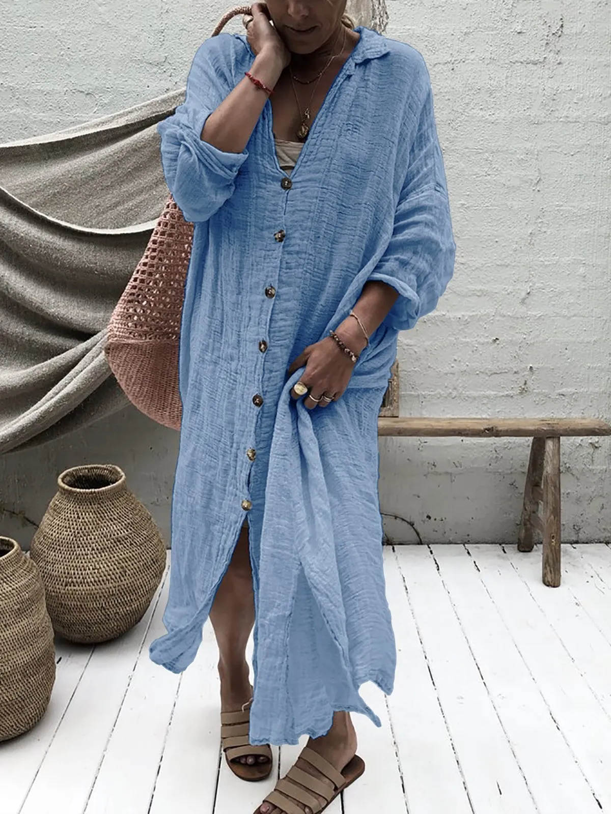 Dunnmall Solid 3/4 Sleeve V Neck Cotton Fall Dresses