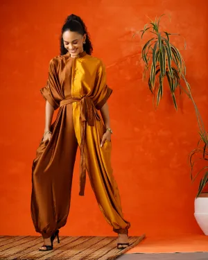 Dynamic Duo – Colorblock Satin Jumpsuit Coffee/Caramel