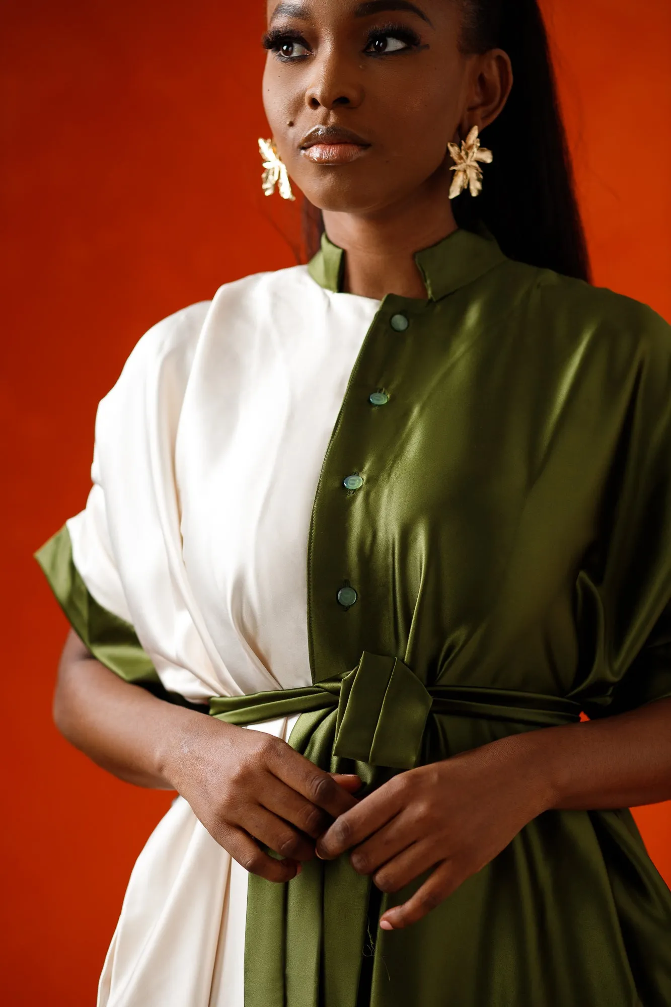 Dynamic Duo – Colorblock Satin Jumpsuit (Green/Ivory)