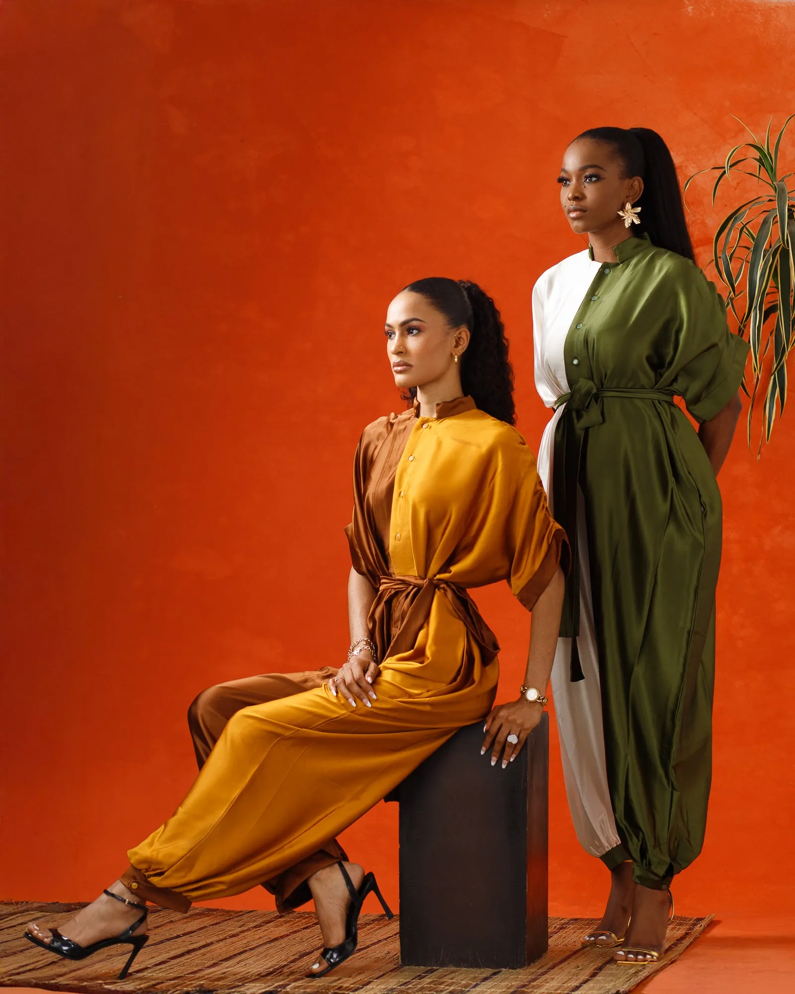 Dynamic Duo – Colorblock Satin Jumpsuit (Green/Ivory)