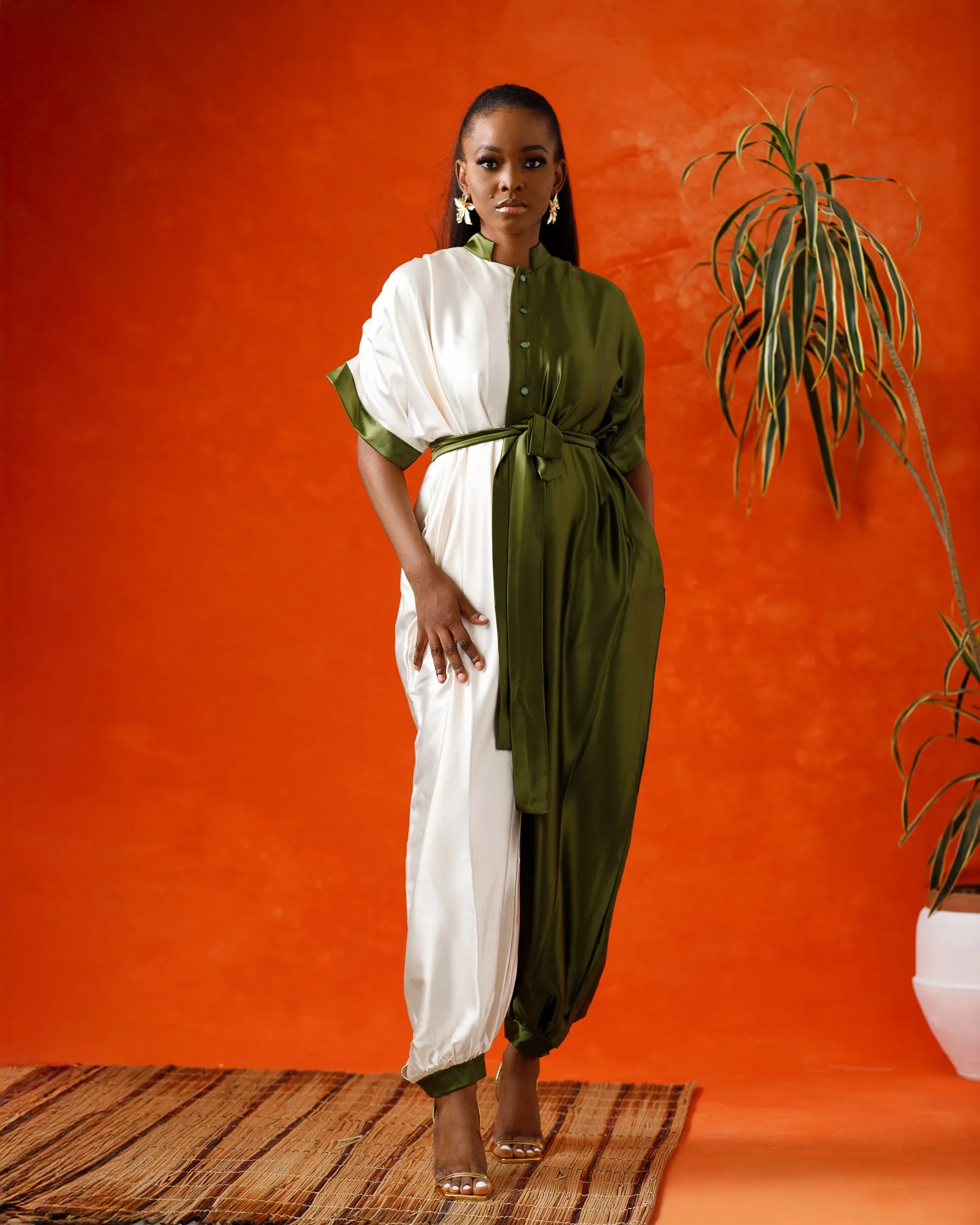 Dynamic Duo – Colorblock Satin Jumpsuit (Green/Ivory)