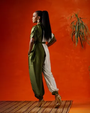 Dynamic Duo – Colorblock Satin Jumpsuit (Green/Ivory)