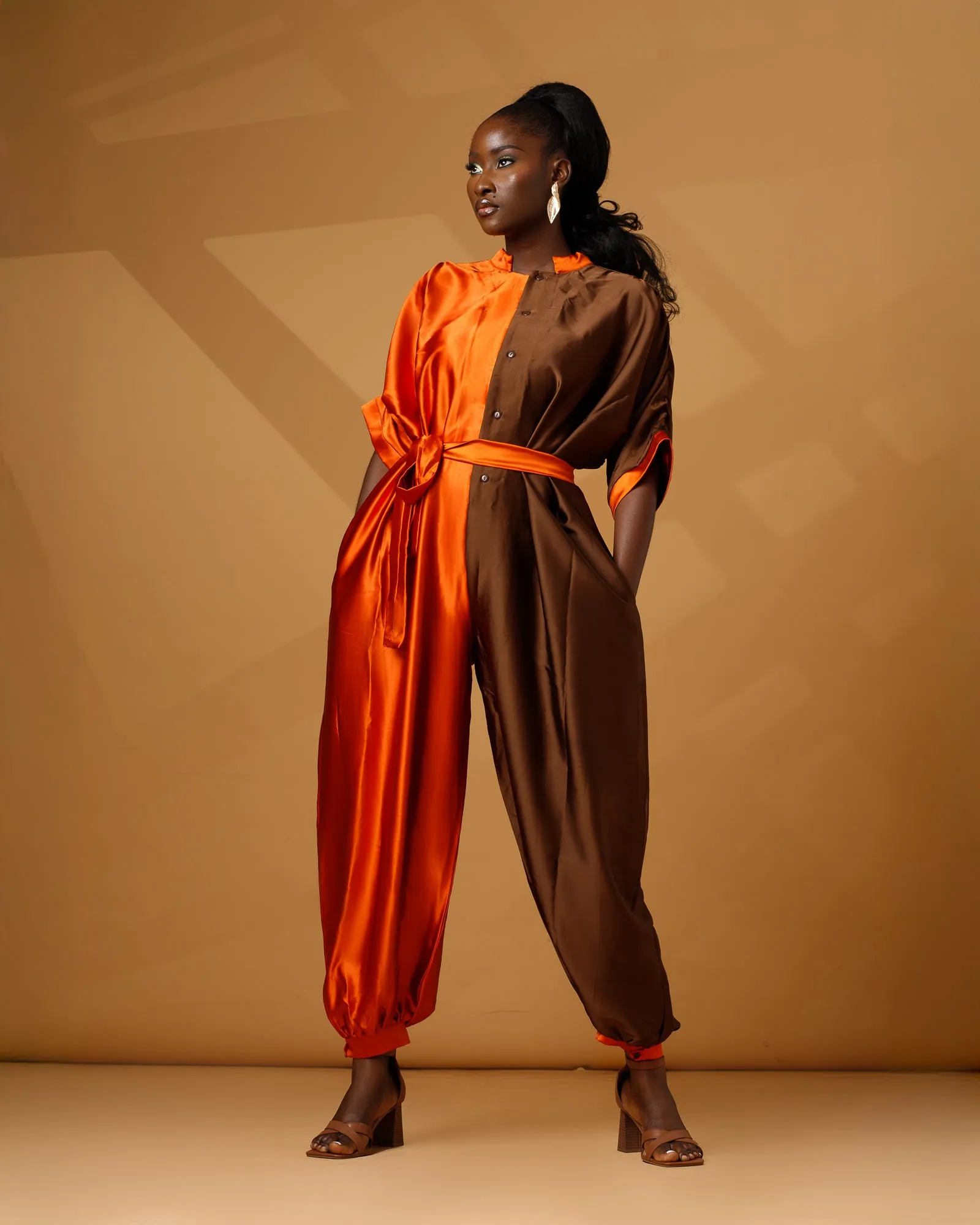 Dynamic Duo – Colorblock Satin Jumpsuit (Orange/Mocha)