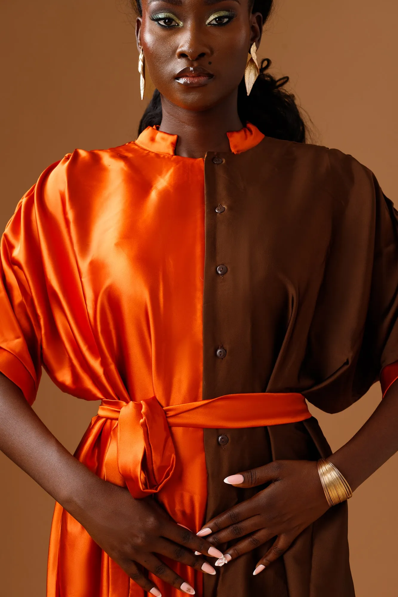 Dynamic Duo – Colorblock Satin Jumpsuit (Orange/Mocha)