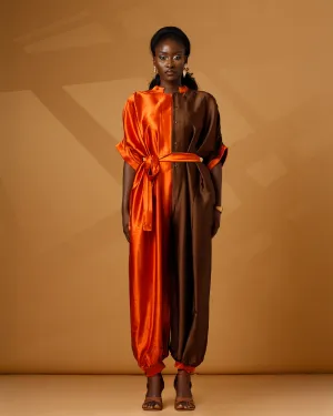 Dynamic Duo – Colorblock Satin Jumpsuit (Orange/Mocha)
