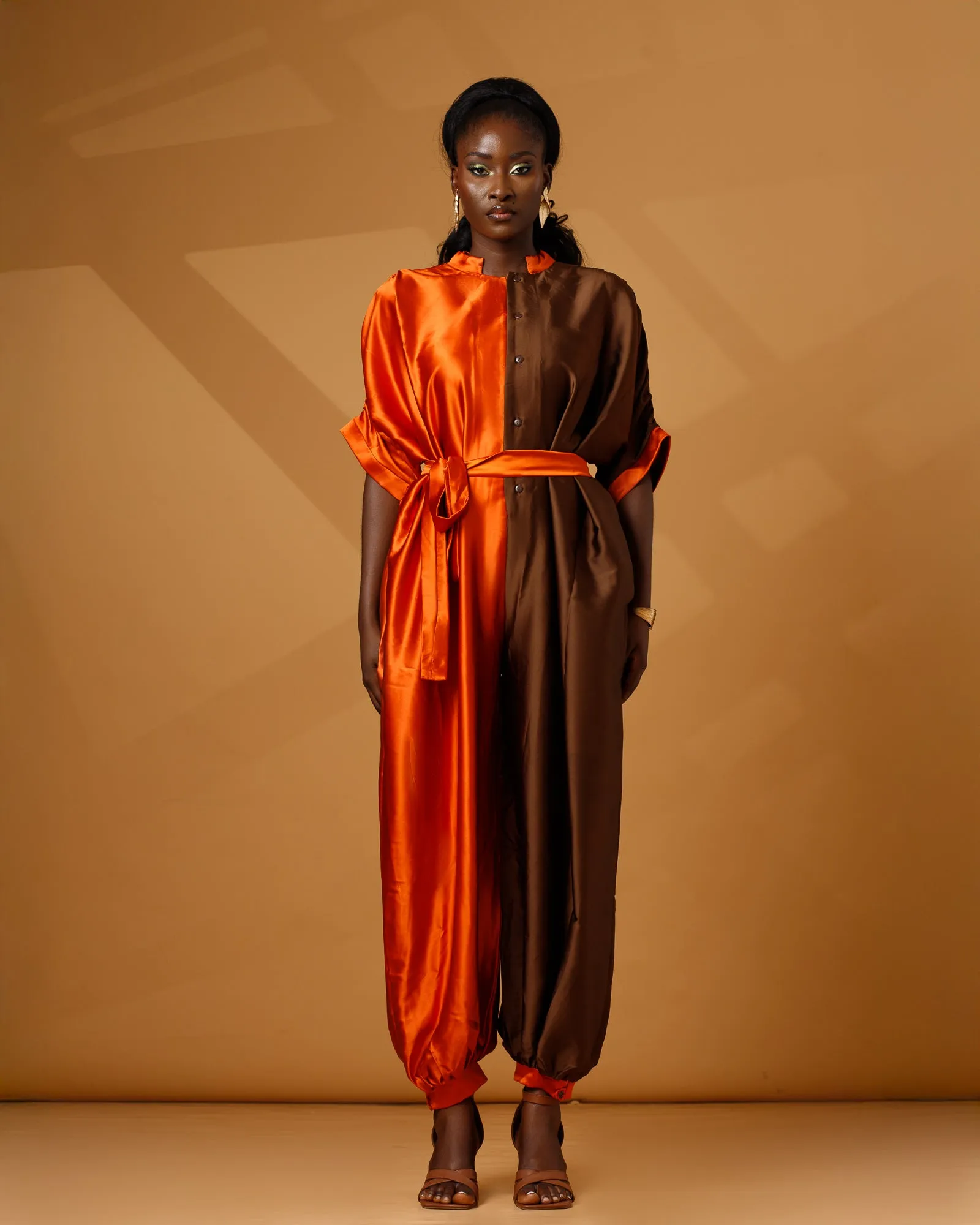 Dynamic Duo – Colorblock Satin Jumpsuit (Orange/Mocha)