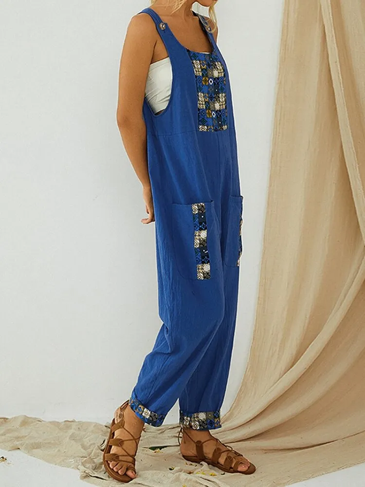 Ethnic Print Patchwork Loose Side Pocket Vintage Harem Jumpsuit Overalls For Women