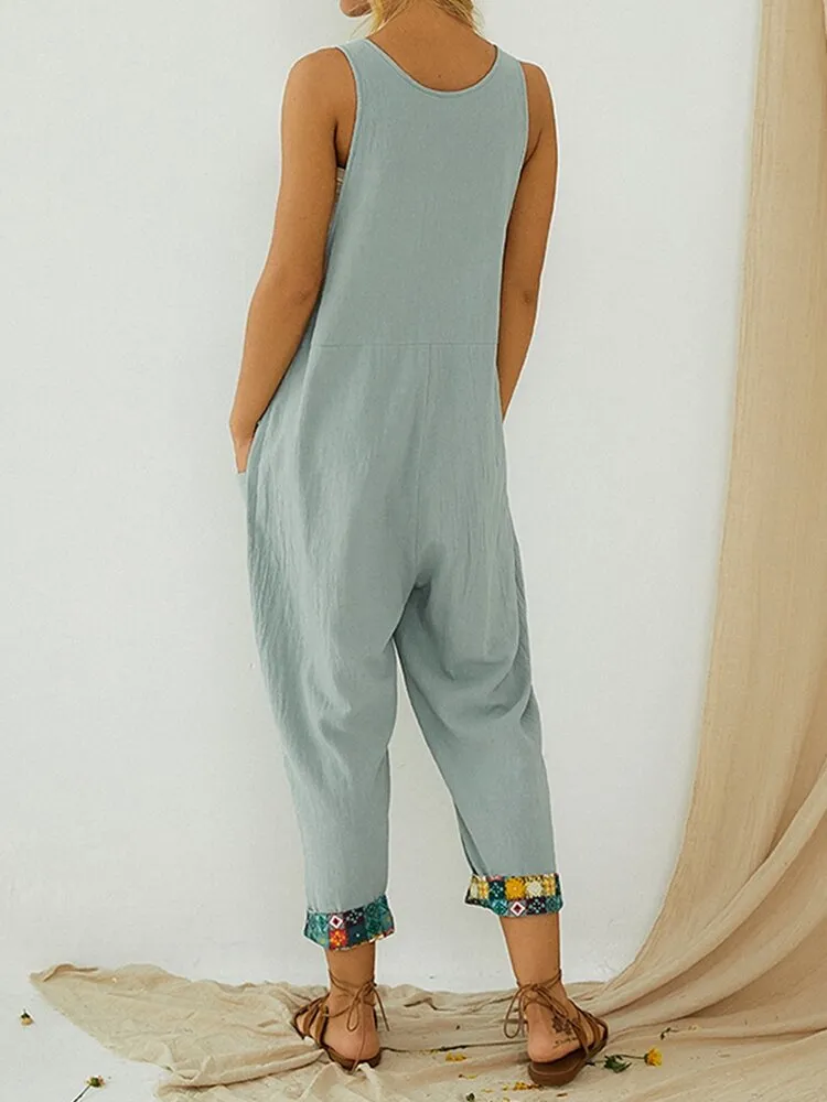 Ethnic Print Patchwork Loose Side Pocket Vintage Harem Jumpsuit Overalls For Women