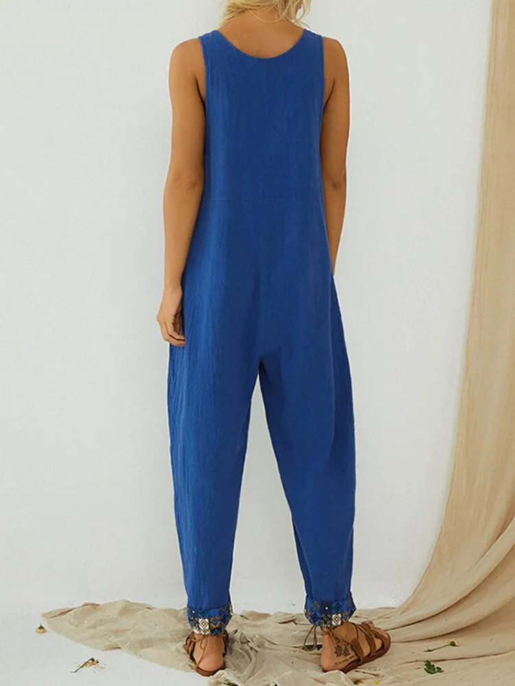 Ethnic Print Patchwork Loose Side Pocket Vintage Harem Jumpsuit Overalls For Women
