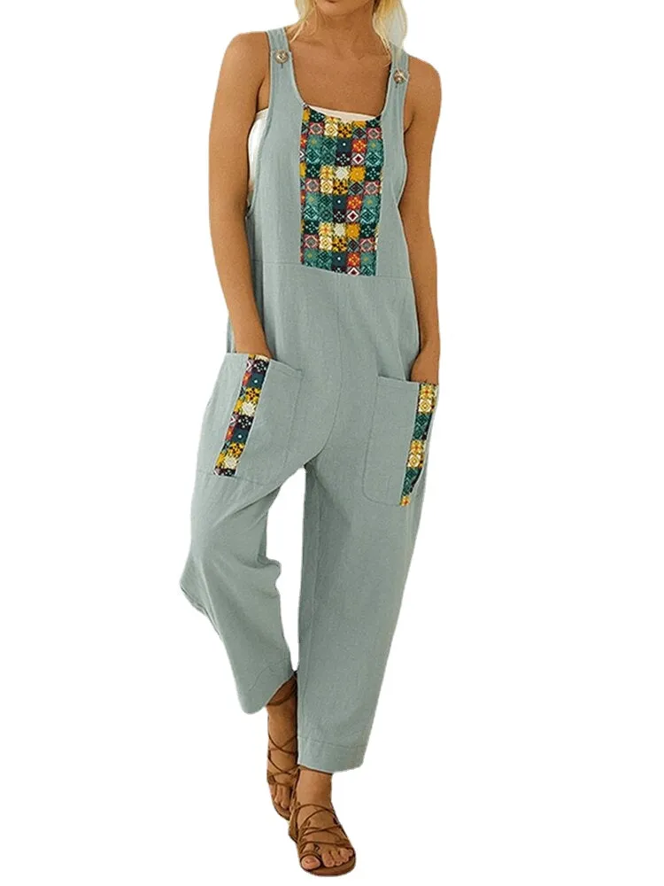 Ethnic Print Patchwork Loose Side Pocket Vintage Harem Jumpsuit Overalls For Women