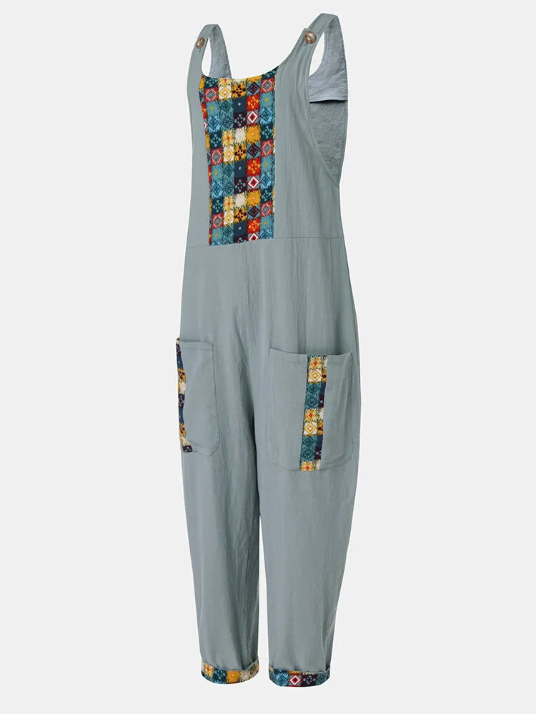 Ethnic Print Patchwork Loose Side Pocket Vintage Harem Jumpsuit Overalls For Women
