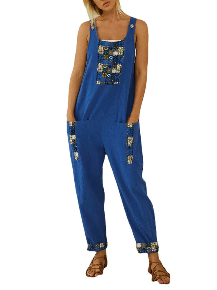 Ethnic Print Patchwork Loose Side Pocket Vintage Harem Jumpsuit Overalls For Women