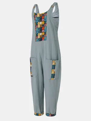Ethnic Print Patchwork Loose Side Pocket Vintage Harem Jumpsuit Overalls For Women