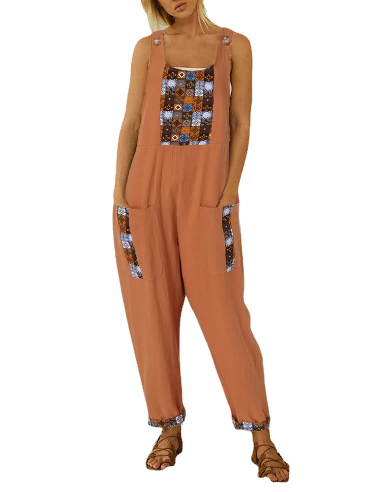 Ethnic Print Patchwork Loose Side Pocket Vintage Harem Jumpsuit Overalls For Women