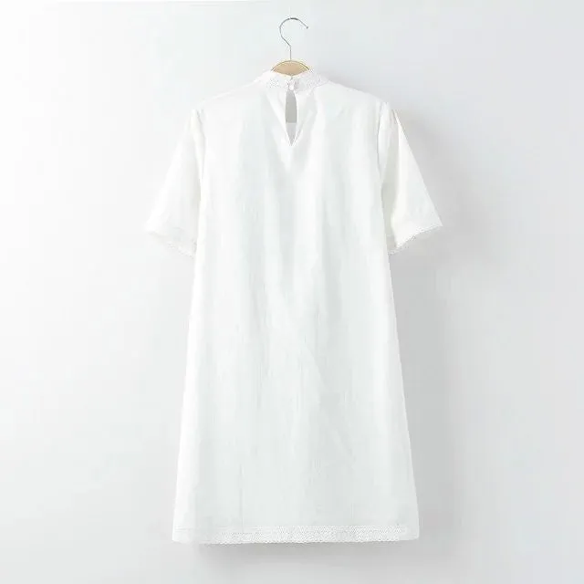 European Flowers Embroidered Stand Collar White Dress