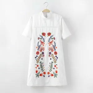 European Flowers Embroidered Stand Collar White Dress