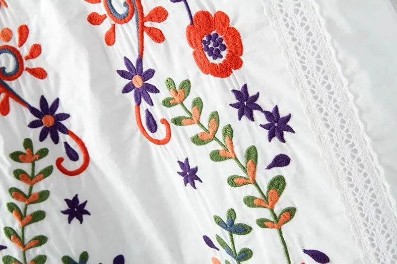 European Flowers Embroidered Stand Collar White Dress
