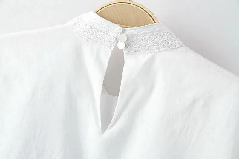 European Flowers Embroidered Stand Collar White Dress