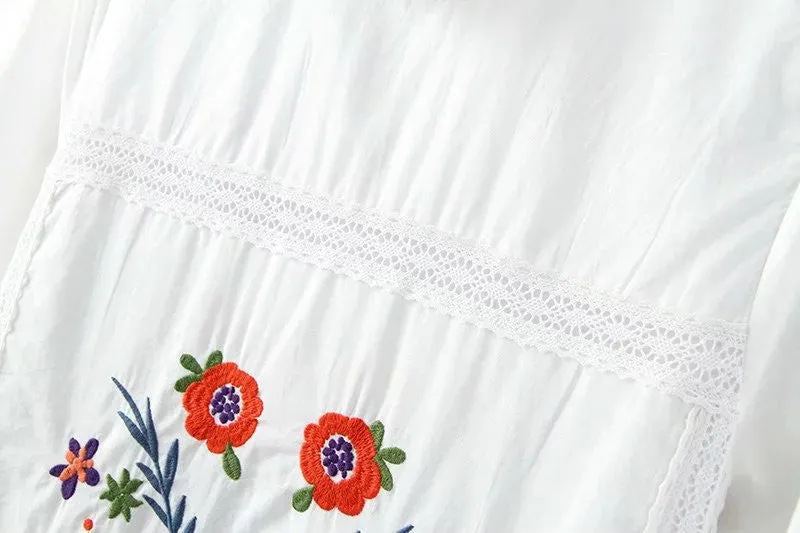 European Flowers Embroidered Stand Collar White Dress