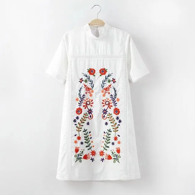 European Flowers Embroidered Stand Collar White Dress