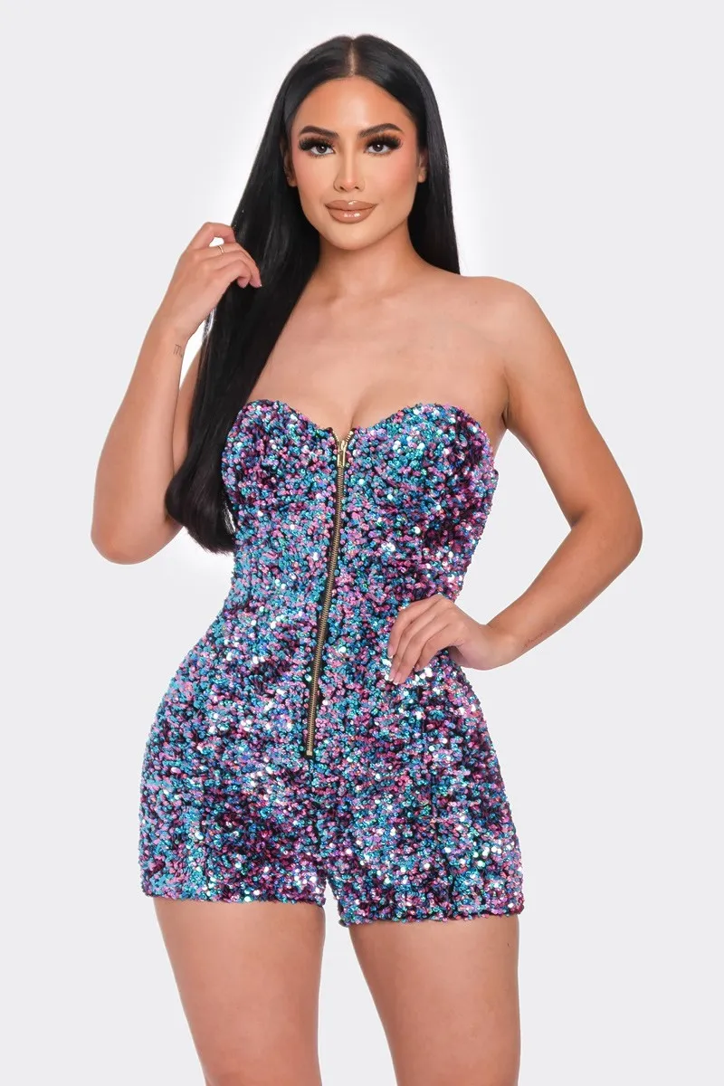 Fab Sequined Tube Top Romper WITH A GOLD ZIPPER